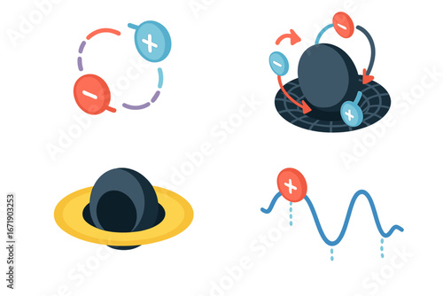 Quantum phenomena isometric icon set. Hawking radiation, black hole, event horizon, and virtual particle pair concepts. Astrophysics and theoretical physics vector symbols.