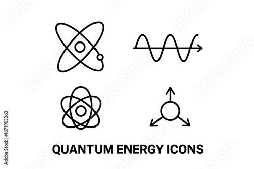 Quantum physics outline icon set with subatomic energy symbols. Vector illustrations for science and technology, including electron orbit, photon wave, atomic nucleus, and quarks.