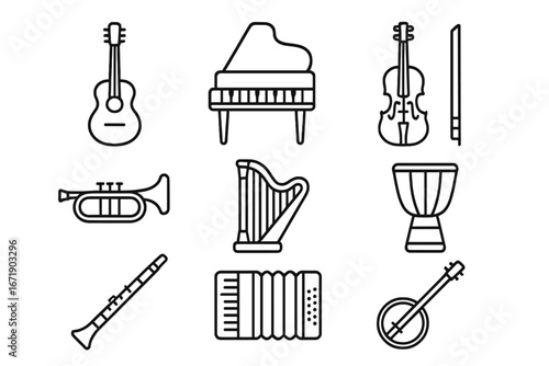 Musical Instruments Outline Icon Set, Classic and Traditional Instruments Collection, Vector Cartoon Illustration with Transparent Background, Ordered Set 4