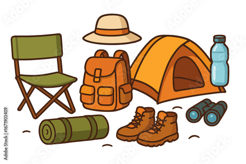 Outdoor relaxation essentials for a refreshing day in nature with camping gear, backpack, tent, boots, water bottle, binoculars, hat, chair, and sleeping mat. Vector cartoon illustration.