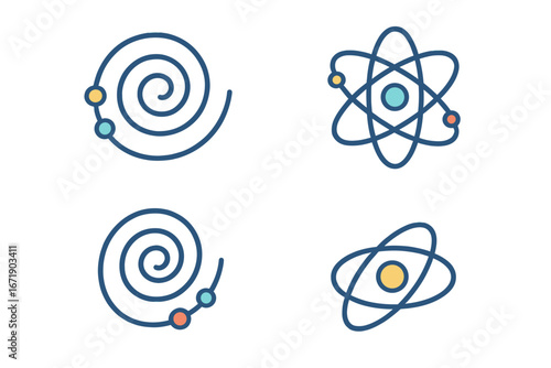 Quantum physics icon set. Atom, electron orbit, and particle spiral symbols. Scientific vector illustration for energy, nuclear research, and chemistry concepts. Flat design.