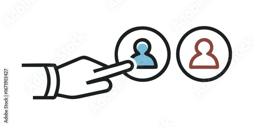 Minimalist vector icon of a hand selecting a user profile, ideal for user, selection, or profile-related designs. Editable stroke icon
