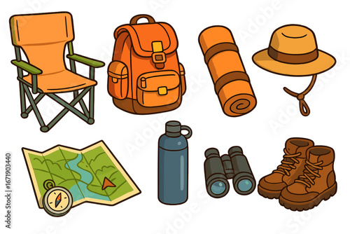 Outdoor Relaxation Essentials for a Refreshing Day in Nature with Camping Gear, Hiking Boots, Backpack, Map, Binoculars, Hat, Chair, Water Bottle, and Sleeping Mat - Vector Cartoon Illustration