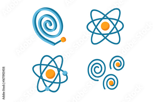 Quantum energy and physics icon set. Isometric flat vector illustration of atomic structure, particle spirals, electron orbits, and nucleus. Science and technology concept design.
