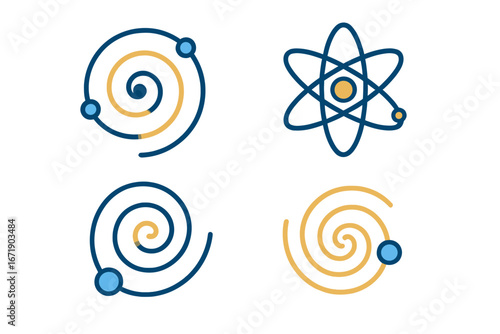 Quantum energy and physics icon set. Flat vector illustration of atom, electron orbit, particle accelerator spiral, and nucleus. Science and technology concept design element.