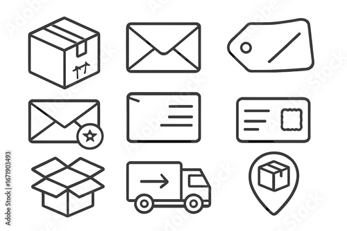 Packaging and shipping line icon set with box, envelope, label, mail, delivery truck, parcel, postmark, and location pin. Vector cartoon illustration transparent background, ordered set