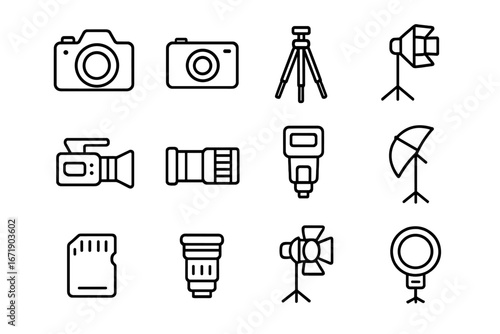 Photography equipment line icon set with cameras, tripods, lighting gear, lenses, flash, memory cards, and studio accessories in minimalist vector style with transparent background