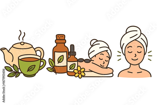 Spa relaxation and wellness icon set. Vector concepts for beauty, body care, and aromatherapy. Herbal tea, essential oils, hot stone massage and facial skin treatment.