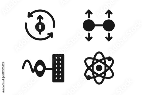 Quantum physics solid glyph icon set. Includes quantum state, spin, entanglement, wave-particle duality, and atom symbols. Science and mechanics vector illustration.
