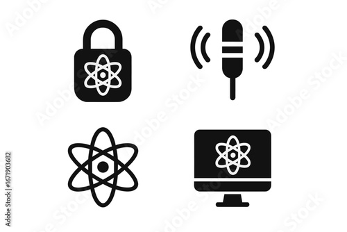 Quantum technology solid icon set. Vector pictograms of quantum computing, cryptography, and sensors. Physics science symbols for web and app design. Minimalist glyphs.