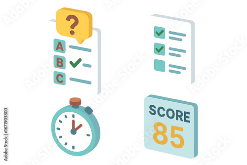 Quiz icon set. Isometric test symbols. Multiple choice question, exam timer, score result, checklist. Vector for education, online learning, survey, assessment. Flat design concept.
