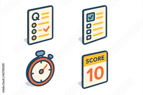 Quiz icons set isometric vector illustration. Concept for online test, exam, survey, and questionnaire. Multiple choice question, checklist, timer, and score symbols. Education.