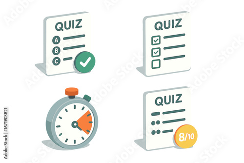 Quiz isometric icon set. Concept of test, exam, questionnaire, survey. Multiple choice question, checkbox, timer, score, result vector illustration. Education and online learning.