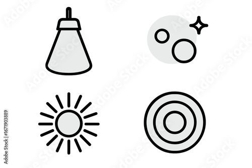 Set of 4 outline icons with radial gradient. Spotlight, sun, lens flare, target bullseye emblems. Vector graphics for concepts like light, shine, focus, goal, success, aim.