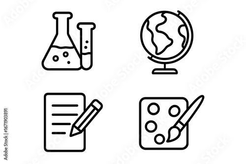 Science and Education Icon Set with Chemistry Flask, Globe, Writing Paper, and Art Palette Illustrations, Outline Style Vector Cartoon Collection with Transparent Background for Learning