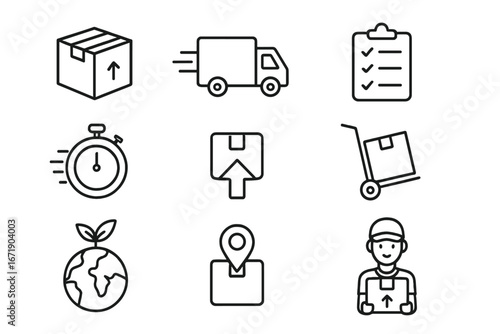 Shipping and delivery outline icon set with logistics, supply chain, eco shipping, fast delivery, tracking, and package handling vector cartoon illustrations with transparent background, ordered set