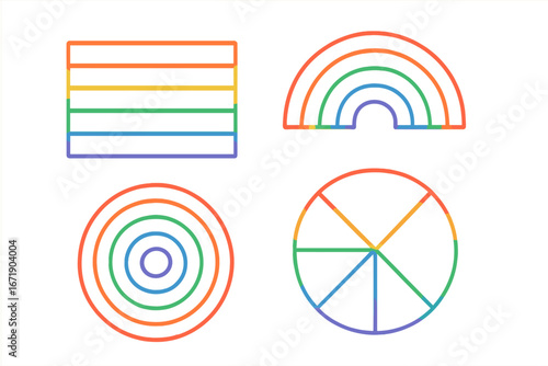Rainbow geometric icons set. Outline vector symbols of pride flag, arc, and concentric circles. Concept for diversity, inclusion, equality, LGBT, gay, and lesbian love.