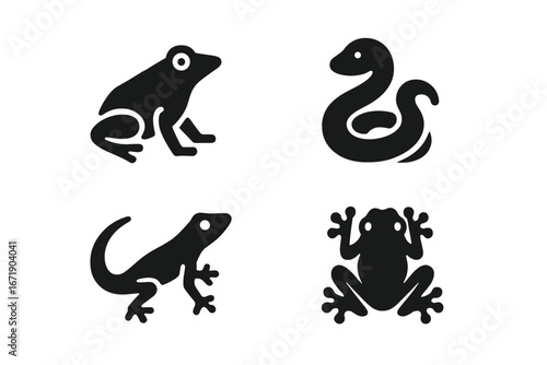 Rainforest animals icon set. Solid glyph vector icons of exotic jungle creatures. Includes reptile and amphibian silhouettes like poison dart frog, boa snake, and gecko.