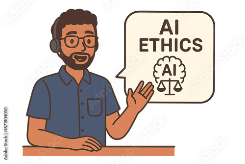 AI ethics concept vector illustration. Man with headset discussing artificial intelligence morality, law, and responsibility. Technical support or consultant cartoon character.