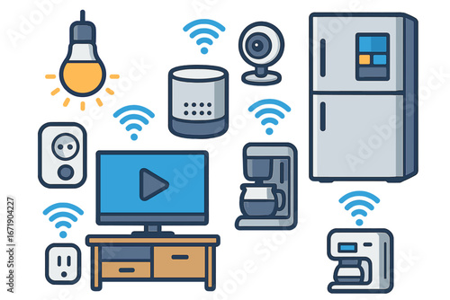 Smart home devices interconnected with wireless technology including lights, cameras, appliances, entertainment systems, and smart plugs, modern vector cartoon illustration
