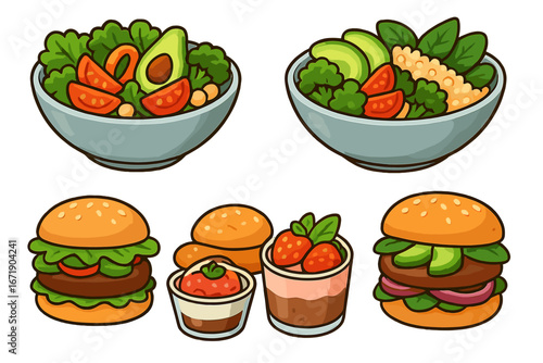 Vegan food icons set. Plant based diet meals. Healthy lunch with salad bowl, veggie burger, avocado. Organic food cartoon vector illustration. Nutrition, vegetarian clipart.