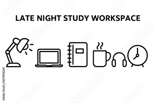 Late night study workspace vector icon set. Outline symbols for education, learning, student life, deadline. Includes desk lamp, laptop, notebook, coffee mug, headphones, clock.