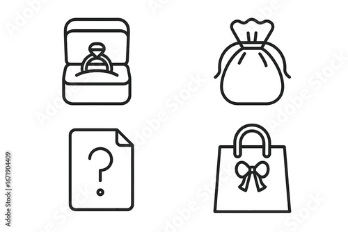 Surprise proposal icon set. Outline icons of engagement ring in a box, jewelry pouch, secret note, gift bag. Vector for love, marriage, romance, will you marry me concept.