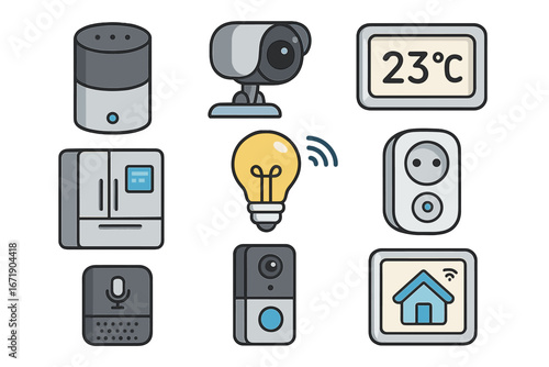 Smart home devices and gadgets with multiple functionalities, modern technology icons in vector cartoon style, connected house automation, security, temperature control, and voice assistant