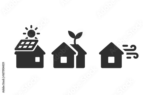 Sustainable architecture icon set. Green energy concept. Eco friendly home with solar panel, wind power and green roof. Ecology vector illustration for real estate business.