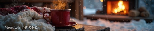 A cozy scene of winter, featuring a steaming mug near a warm fireplace and a soft blanket, evoking feelings of comfort and warmth against the cold outside ,  snug, firewood