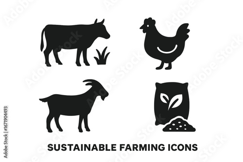 Sustainable farming icon set. Vector glyph symbols of livestock, agriculture, pasture cow, free-range chicken, goat, and organic feed. Eco friendly animal husbandry concept.