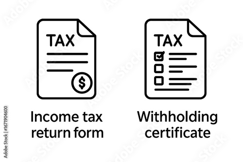 Tax document icon set. Financial reporting, income tax return form, withholding certificate. Outline vector for accounting, payment, statement, business, government tax forms.