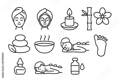 Spa and Wellness Linear Icon Set with Relaxation, Therapy, Beauty Care Symbols, Bamboo, Candle, Hot Stones, Massage, Aromatherapy, Foot Care, Facial, and Essential Oils Vector Collection