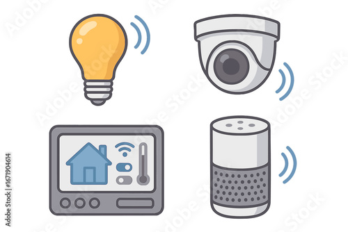 Smart home technology vector illustration with light bulb, security camera, control panel, and smart speaker in modern living solutions grid layout, cartoon style