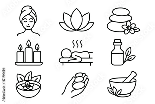 Spa and wellness linear icon set with relaxation, therapy, beauty care, massage, aromatherapy, herbal treatment, candles, stones, and holistic health symbols, vector illustration