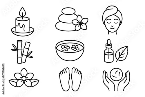 Spa essentials outline icon set, relaxation and wellness massage icons, calming therapeutic symbols, self-care and mindfulness vector cartoons, transparent background icons