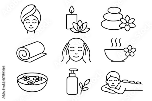 Spa and Wellness Icon Set, Relaxation Therapy and Beauty Care Linear Vector Icons, Massage, Aromatherapy, Skincare, Yoga, Wellness Concepts Collection Transparent Background