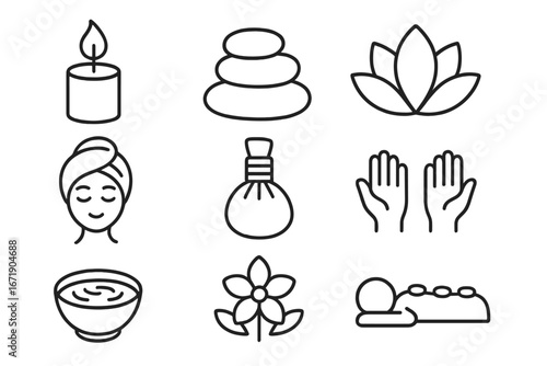 Spa essentials outline icon set, relaxation and wellness icons, massage therapy symbols, daily calm vector illustration, self-care and health icons, transparent background