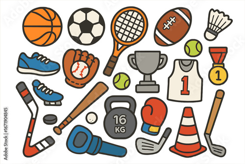 Sports equipment and gear collection for diverse athletic activities and competitions in minimalist style, cartoon vector illustration, transparent background, organized layout