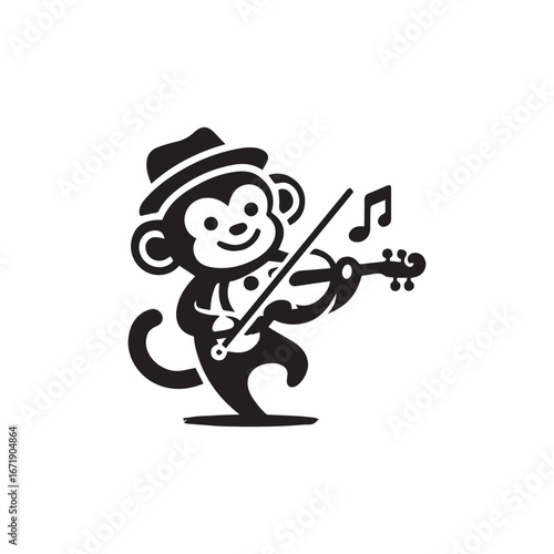 2d logo of cute monkey playing violin with white background