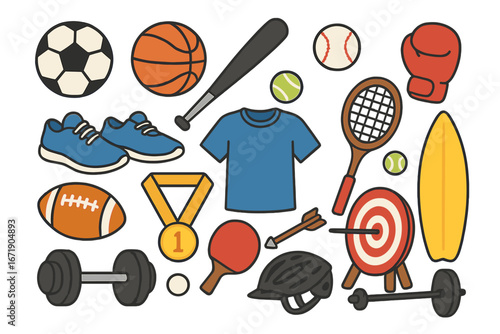 Diverse Sports Equipment and Athletic Gear Collection in Minimalist Cartoon Style, Including Balls, Rackets, Weights, Medals, and Protective Wear for Multiple Games and Fitness Activities
