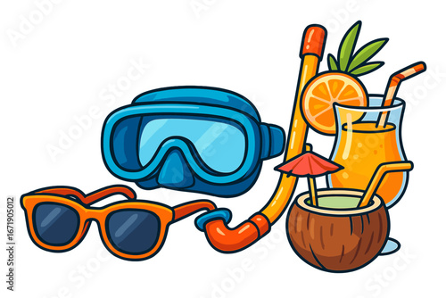 Summer beach vacation essentials with stylish sunglasses, snorkeling gear, tropical drinks in coconut and glass, vibrant cartoon vector illustration for summer holiday fun