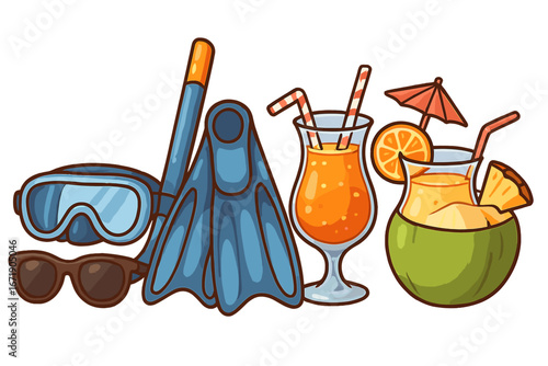 Summer beach vacation essentials with sunglasses, snorkeling gear, tropical cocktails, and fresh fruit drinks, vibrant vector cartoon illustration perfect for travel and leisure themes