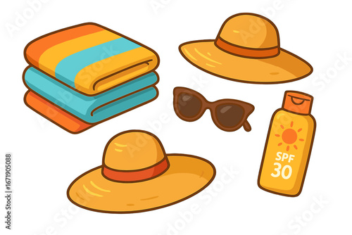 Summer Vacation Essentials for Sunbathing at the Beach with Colorful Towels, Wide-Brimmed Hats, Stylish Sunglasses, and SPF 30 Sunscreen Bottle, Vector Cartoon Illustration Transparent Background