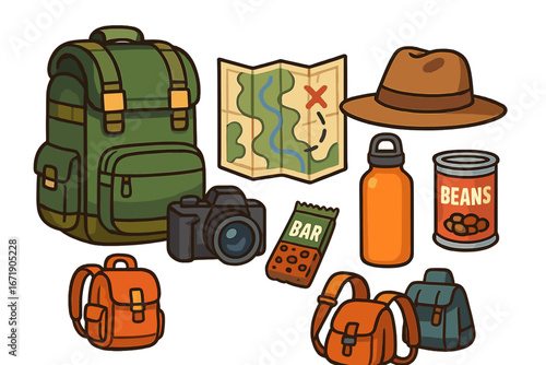 Travel essentials for adventure seekers with backpacks, cameras, maps, hats, food bars, water bottles, and canned beans. Cartoon vector illustration of outdoor gear for hiking and exploration