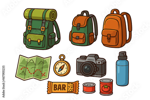 Travel essentials for adventure seekers with backpacks, cameras, maps, compass, snacks, and canned food. Vector cartoon illustration with transparent background, set of hiking and exploration gear