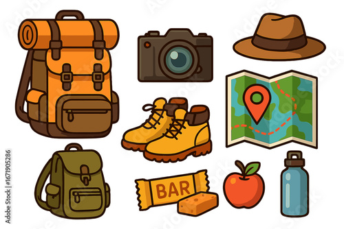 Travel essentials for adventure seekers including backpacks, hiking boots, camera, map, snacks, water bottle, and hat. Cartoon vector illustration with transparent background. Ordered set