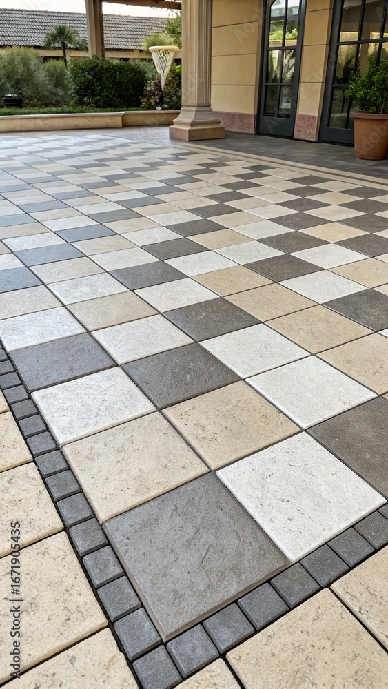 Fototapeta premium Elegant Checkerboard Patio Tiles: Neutral Tones, Modern Design, Upscale Exterior.