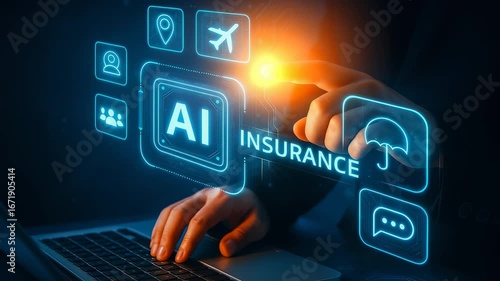 Hand Touching AI Insurance Text with Laptop and Holographic Icons like Umbrella and Airplane