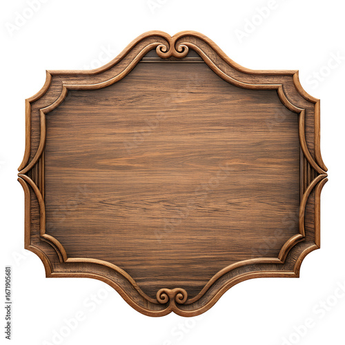 Ornate wooden sign plaque with decorative edges isolated on transparent background